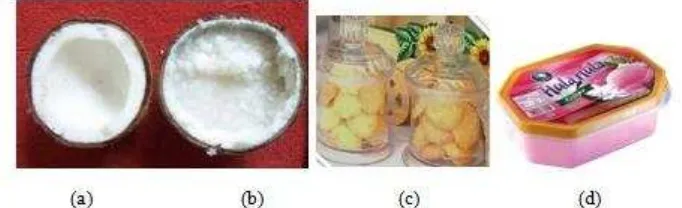 Gambar 1 Produk Kelapa Kopyor. (a)kelapa normal (b)kelapa kopyor (c)kue olahan (d)es krim kopyor 