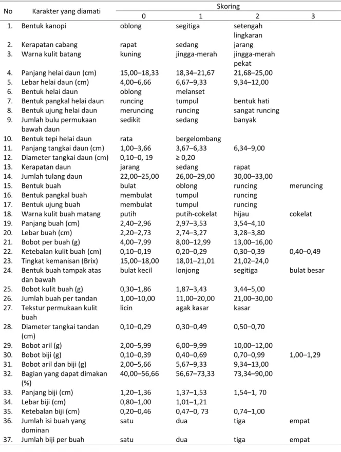 Tabel 1. Karakter morfologi yang diamati pada rambai (Baccaurea motleyana (Müll.Arg.) Müll.Arg.) 
