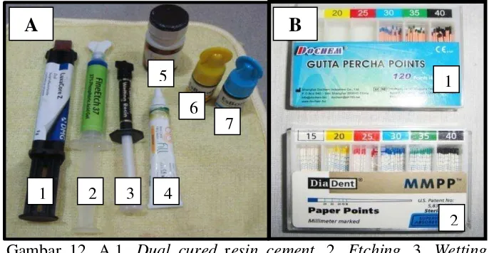 Gambar 12. A.1. Dual cured resin cement, 2. Etching, 3. Wetting resin cement, 4. Sealer (liquid), 5