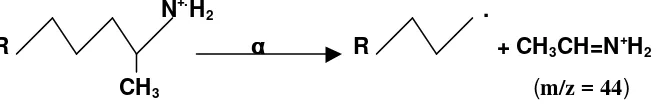 Gambar 7.  Fragmentasi komponen amina alifatik dengan gugus R panjang  melalui pseudo-α-cleavage (McLafferty dan Turecek, 1993) 