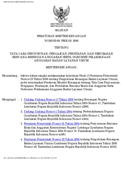 Peraturan Menteri Keuangan Nomor 66 Tahun 2006 Tentang Tata Cara