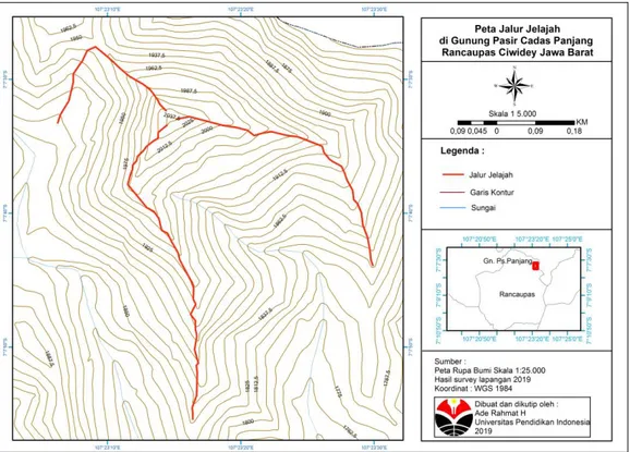 Gambar 3. 2 Peta jalur jelajah pengamatan tumbuhan Nepenthes di hutan  heterogen Gunung Pasir Cadaspanjang Ciwidey, Jawa Barat 
