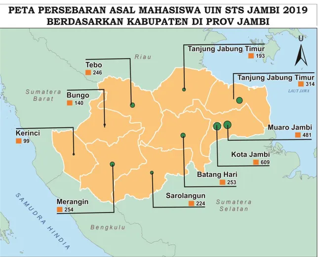 Gambar  2.5.  Peta  Persebaran  Asal  Mahasiswa  UIN  STS  Jambi  Berdasarkan  Kabupaten di Provinsi Jambi