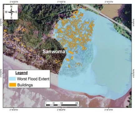 Figure 5 Flood hazard map of Sanwoma (worst flood experienced) 