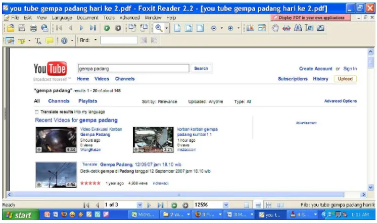 Gambar 2 Webpage youtube.com, 5 jam setelah gempa Padang 2009 