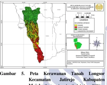 Gambar  5.  Peta  Kerawanan  Tanah  Longsor  Kecamatan  Jatirejo  Kabupaten  Mojokerto  (sumber: hasil olah data, 2020) Tabel  10 dan  gambar 5  dapat  diketahui  bahwa  tingat  kerawanan  tanah  longsor  di  Kecamaran  Jatirejo  Kabupaten  Mojokerto  meli