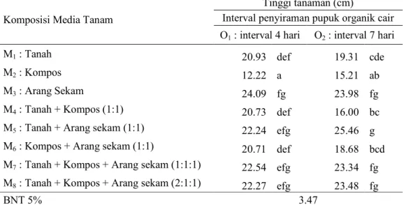Tabel 3. Tinggi Tanaman Bawang Daun dalam sistem vertikultur akibat interaksi komposisi media tanam 