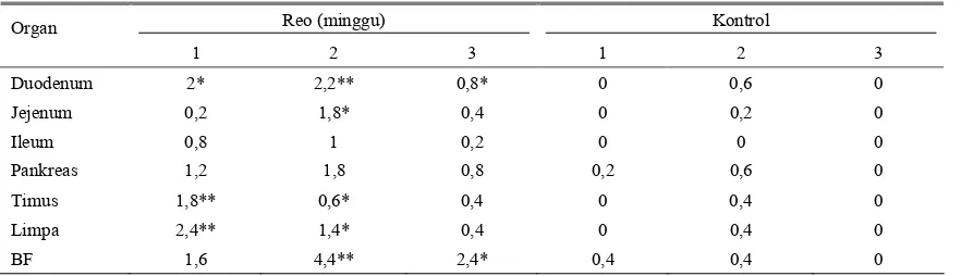 Tabel 2. Perubahan HP yang ditemukan pada berbagai organ ayam yang diinfeksi reovirus isolat lokal 