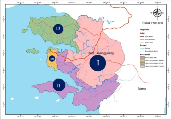 Gambar 3. Peta Hirarki Kecamatan di Kota Tanjungpinang Berdasarkan Indeks Sentralitas Marshall  Hasil  analisis  Indeks  Sentralitas  Marshail 