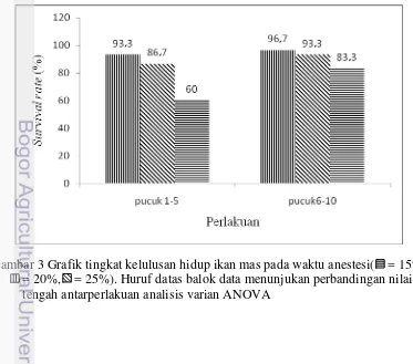 Gambar 3 Grafik tingkat kelulusan hidup ikan mas pada waktu anestesi(    = 15%,       