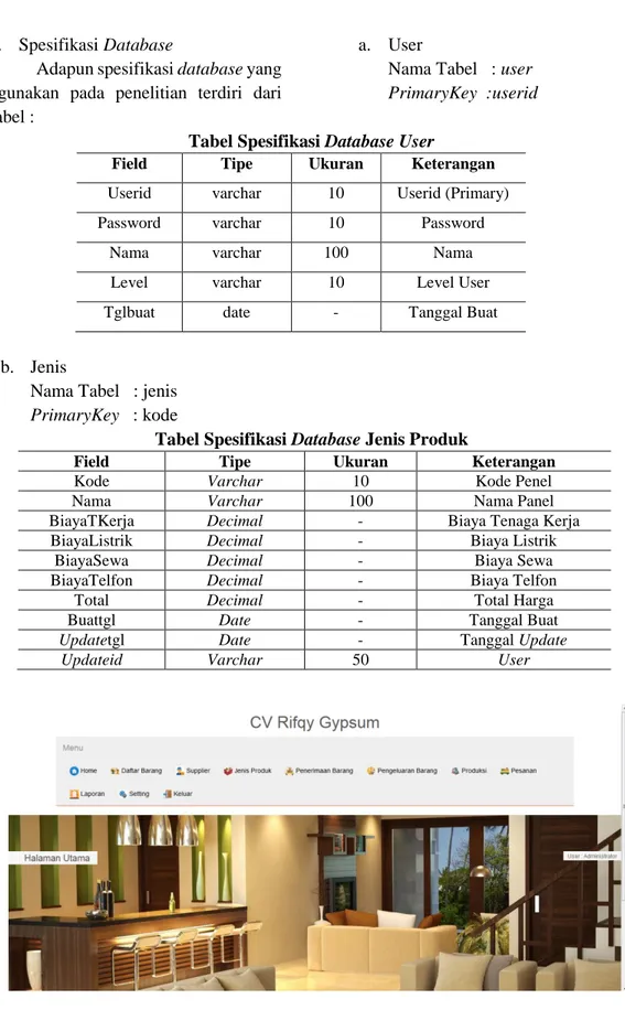 Tabel Spesifikasi Database Jenis Produk 