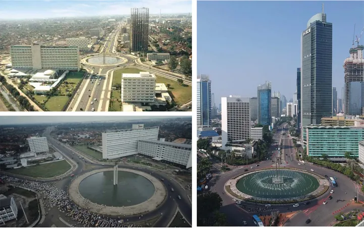 Gambar di atas menunjukkan perubahan kota Jakarta dari masa lalu hingga sekarang. Konsep  perubahan dari suatu wilayah, pada waktu tertentu hingga saat ini, selalu menunjukkan hal  yang berbeda