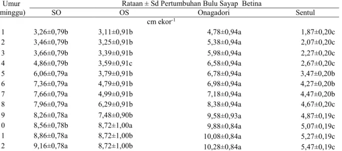 Tabel 2. Pertumbuhan bulu sayap ayam betina hasil persilangan ayam onagadori dengan sentul dan resiprokalnya  umur 1-12 minggu 