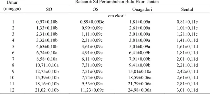 Tabel 5. Pertumbuhan bulu ekor ayam jantan hasil persilangan ayam onagadori dengan sentul dan resiprokalnya  umur 1-12 minggu 