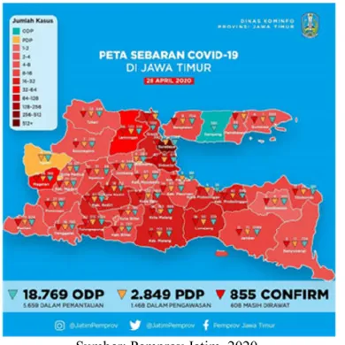 Gambar 1. Peta Sebaran Covid-19 di Jawa Timur Per 28 April 2020 