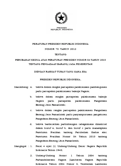 PERATURAN PRESIDEN REPUBLIK INDONESIA NOMOR 70 TAHUN 2012 TENTANG ...