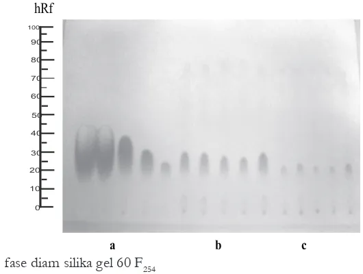 Gambar 3. Hasil KLT kurva baku alkaloid (a), fraksi alkaloid (b), dan fraksi metanol hasil VLC(c)