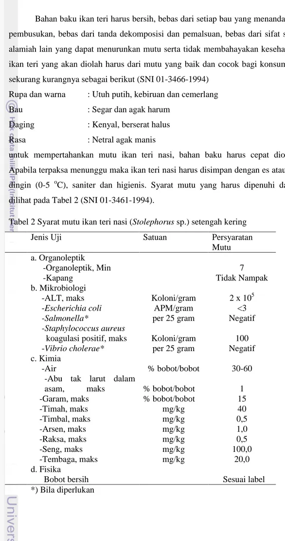 Tabel 2 Syarat mutu ikan teri nasi (Stolephorus sp.) setengah kering  