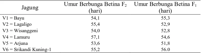Tabel 8. Rataan umur panen dari jagung F2 dan F1 hasil selfing. 