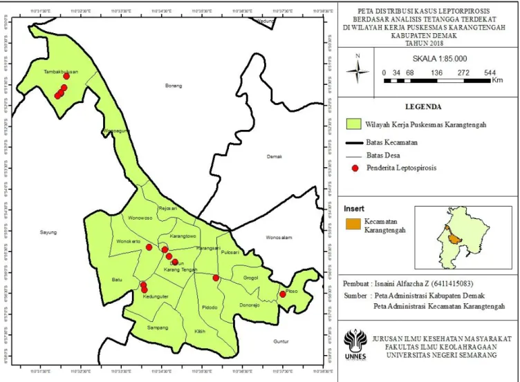 Gambar 4.1. Peta Distribusi Kasus Leptospirosis di Wilayah Kerja Puskesmas Karangtengah Kabupaten Demak Tahun 2018
