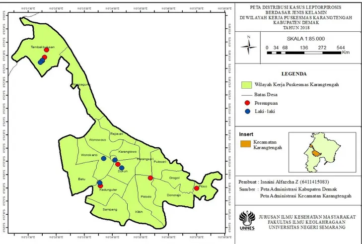 Gambar 4.2. Peta Distribusi Kasus Leptospirosis Berdasarkan Jenis Kelamin di Wilayah Kerja Puskesmas Karangtengah Kabupaten  Demak Tahun 2018