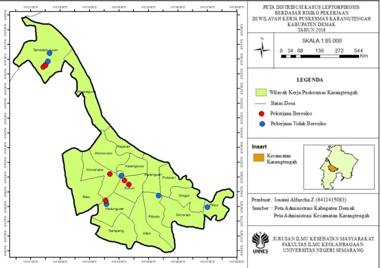 Gambar 4.3. Peta Distribusi Kasus Leptospirosis Berdasarkan Jenis Pekerjaan di Wilayah Kerja Puskesmas Karangtengah Kabupaten  Demak Tahun 2018