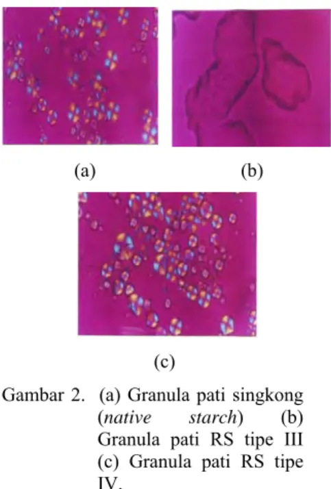 Gambar 2.  (a) Granula pati singkong  (native starch) (b)  Granula pati RS tipe III  (c) Granula pati RS tipe  IV