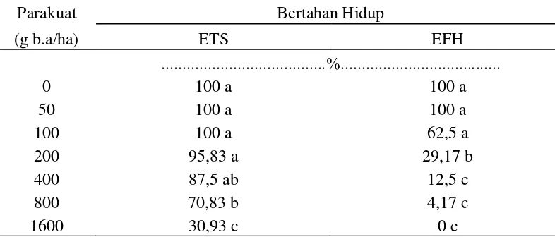 Tabel 6.Jumlah E. indica biotip ETS dan EFH bertahan hidup pada aplikasi parakuat 3 MSA