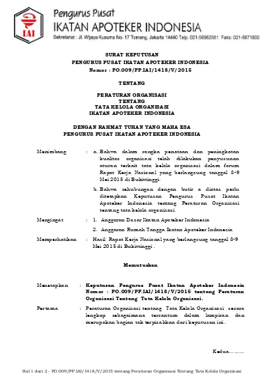 SURAT KEPUTUSAN PENGURUS PUSAT IKATAN APOTEKER INDONESIA Nomor : PO.009 ...