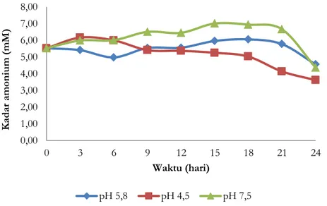 Gambar 5. Perubahan kadar amonium dalam medium kultur suspensi wortel dengan pH awal  medium yang berbeda 