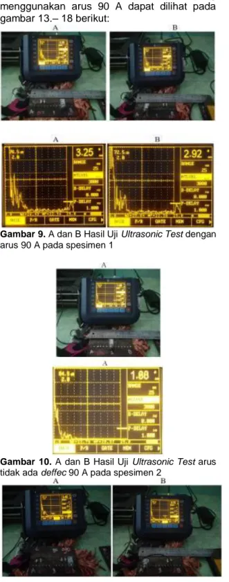 Gambar  10.  A  dan  B  Hasil  Uji  Ultrasonic  Test  arus  tidak ada deffec 90 A pada spesimen 2 