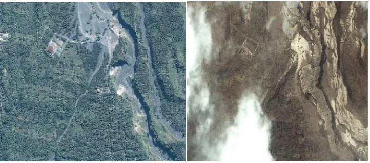 Gambar 1 : Kawasan Merapi sebelum dan setelah letusan Gunung Merapi 