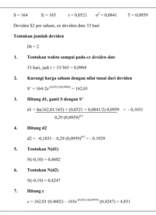 Tabel 2.3 : Menghitung Harga Call Option Ketika Ada Deviden 