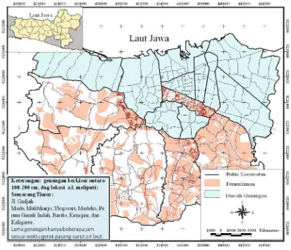 Gambar 3.  Peta Kawasan Genangan di Kota Semarang Sumber : Bakti (2010), dimodifikasi (2012)