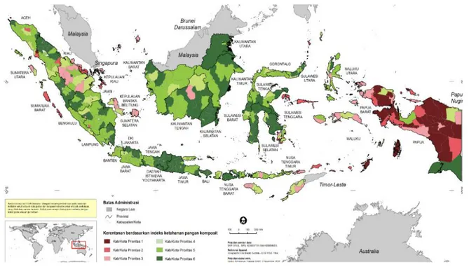 Gambar 1. Peta ketahanan dan kerentanan pangan tahun 2018 menurut prioritas 1 sampai 6 