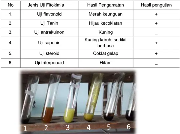 Tabel 1. Hasil uji fitokimia ekstrak etanol bunga kenanga (Cananga odorata)  No      Jenis Uji Fitokimia  Hasil Pengamatan  Hasil pengujian 