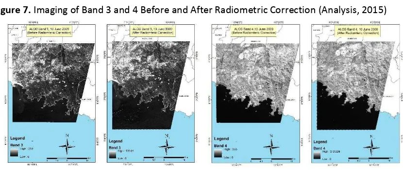 Figure 7. Imaging of Band 3 and 4 Before and After Radiometric Correction (Analysis, 2015) 