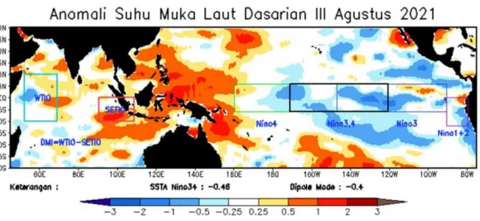 Gambar 3. 1 Anomali Suhu Muka Laut Dasarian III  Agustus 2021  (Sumber : BMKG Pusat, ITACS - JRA-55) 