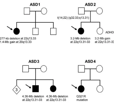 Figure 1.Pedigrees of the ASD-affected families with de novovariants or unbalanced translocation derivatives