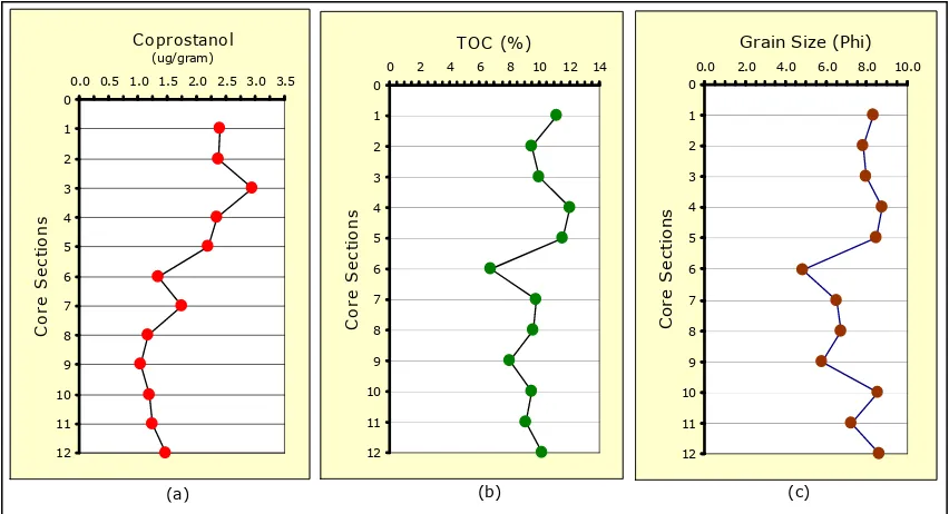 Fig. 2.   Depth profile of coprostanol (a), TOC (b), and grain size of sediments (c).  
