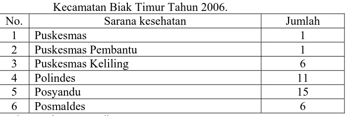 Tabel 4.5. Jumlah Sarana Kesehatan Di wilayah Puskesmas Bosnik Kecamatan Biak Timur Tahun 2006