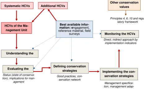 Figure 1. Stages in the process of identification, assessment (Criterion 9.1), ad-aptation of management (Criteria 9.2 and 9.3) and monitoring (Criterion 9.4) of High Conservation Values 