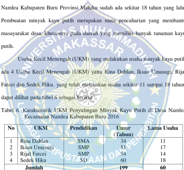 Tabel  6.  Karakteristik  UKM  Penyulingan  Minyak  Kayu  Putih  di  Desa  Namlea  Kecamatan Namlea Kabupaten Buru 2016 