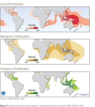 Figure 8. Global distribution of coral, mangrove and seagrass diversity (courtesy UNEP-WCMC, 2001)