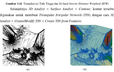 Gambar 3.17  Tampilan (a) Kontur dan (b) hasil Triangular Irregular Network (TIN) 