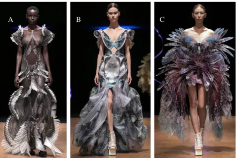 Gambar 1. Sensory Seas Iris Van Herpen: (a) Gaun A – Look 12; (b) Gaun B –  Look 17; (c) Gaun C – Look 21  (sumber: irisvanherpen.com) 