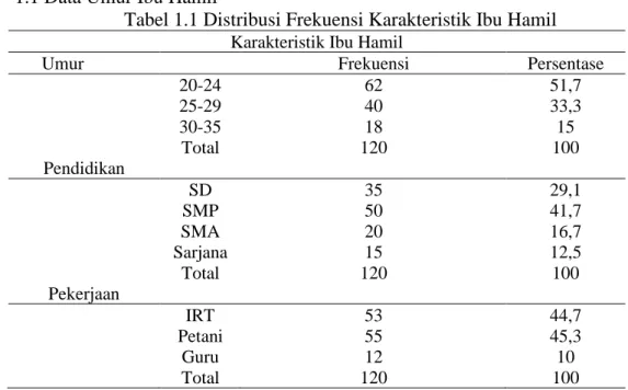 Tabel 1.1 Distribusi Frekuensi Karakteristik Ibu Hamil  Karakteristik Ibu Hamil 