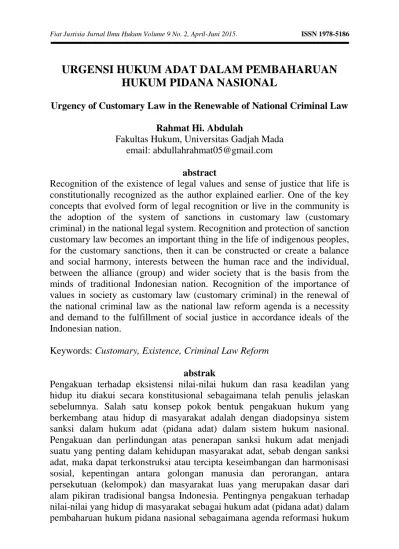 View Of URGENSI HUKUM ADAT DALAM PEMBAHARUAN HUKUM PIDANA NASIONAL