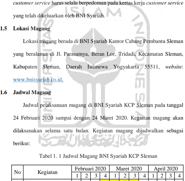 Tabel 1. 1 Jadwal Magang BNI Syariah KCP Sleman
