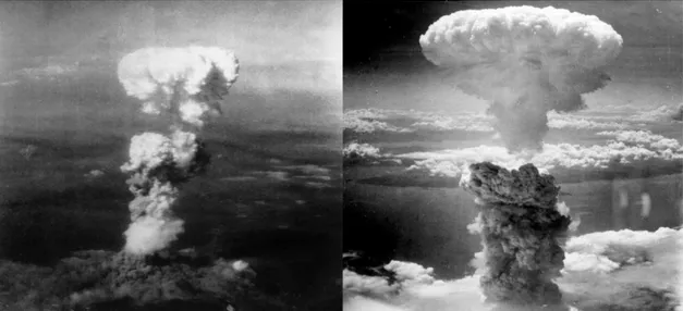 Gambar 1. Awan cendawan akibat ledakan bom atom di kota Hiroshima (kiri) pada tanggal 6 Agustus dan  Nagasaki (kanan), Jepang, tahun 1945